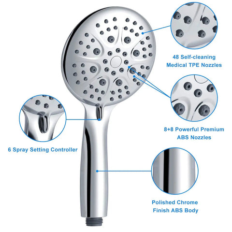 High Pressure Shower System With Handheld And Rain Showerhead, 35 Function Dual 2 In 1 Faucet, Patented 3 Way Diverter, Chrome Finish, Valve Included For A Dope Home Spa Upgrade showing handheld with self-cleaning TPE nozzles and chrome finish
