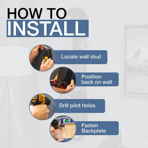 How to install Sturdy Solid Wood Snowboard Rack Wall Mount with steps for locating studs and drilling pilot holes.
