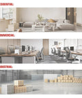 Collage showing residential living room, commercial office space, and industrial warehouse with boxes and pallets.
