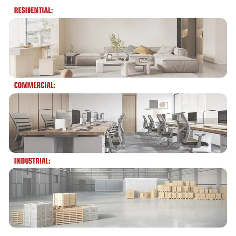 Collage showing residential living room, commercial office space, and industrial warehouse with boxes and pallets.
