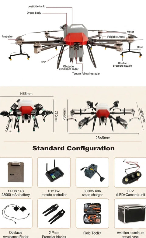 Diagram of Workhorse Crop Sprayer Drone With 8 Gallon Payload For Granule Spreading And Seed Sowing, showing parts and dimensions.