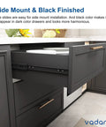 18 Inch Soft Close Drawer Slide With Full Extension Pro Grade Silent Closing Heavy Duty 100 Lb Capacity Ball Bearing Side Mount Black 5 Pack shown in a kitchen installation