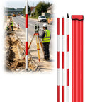 Heavy Duty Aluminum Survey Pole And Measuring Rod Built Tough For Site Marking with red and white segments in use on site.