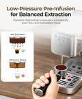 Top Shelf One Touch Espresso Machine With Smooth Milk Frother And Instant Cold Brew Maker demonstrating low-pressure pre-infusion method.