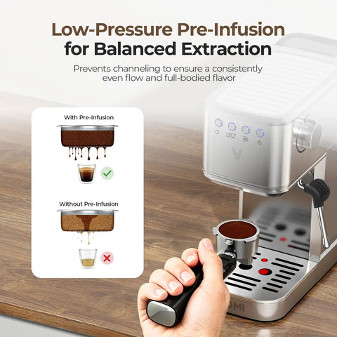 Top Shelf One Touch Espresso Machine With Smooth Milk Frother And Instant Cold Brew Maker demonstrating low-pressure pre-infusion method.