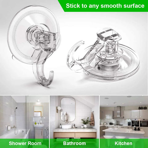 Heavy Duty Suction Cup Hooks Six Pack, Reusable Waterproof Hangers For Shower Tile Bathroom Kitchen Glass Door Window RV Travel, Removable No Drilling, Strong Hold, Easy Install product display with close-up and in-use examples.