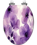 Elongated Toilet Seat Replacement Slow Close for Bathroom with purple floral design and sturdy chrome hinges.