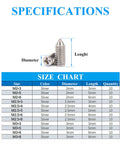 Top Shelf Metric Point Screws With Smooth Nickel Coating And Phillips Heads Build Heavy Duty Leather Belt Hardware Kits Including 120 Pieces In Twelve No Fuss Sizes Paired With A Pocket Driver For Quick Purse Repairs Anytime Size chart with specifications for various screw sizes and dimensions.