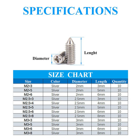 Top Shelf Metric Point Screws With Smooth Nickel Coating And Phillips Heads Build Heavy Duty Leather Belt Hardware Kits Including 120 Pieces In Twelve No Fuss Sizes Paired With A Pocket Driver For Quick Purse Repairs Anytime Size chart with specifications for various screw sizes and dimensions.