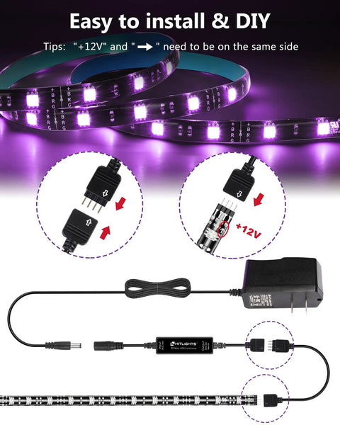 RGB Waterproof LED Strip Lights Kit with Dimmable 5050 Tape, connectors, and UL power supply setup guide for installation.