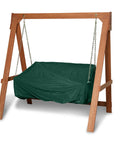 Weatherproof Outdoor Swing Cover With Tough As Nails Vinyl And Polyester Lining, Elastic Hem, Touch Fastener Closures, Mesh Vent, 63W By 26D By 26H, Green, covering a wooden swing.