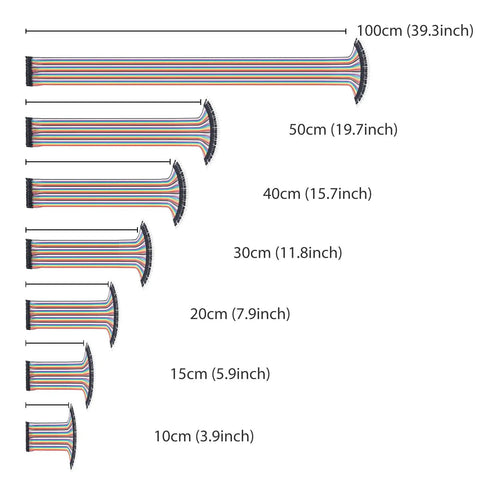 Various lengths of ribbon cables ranging from 10cm to 100cm, showcasing multicolor wires for electronics projects.