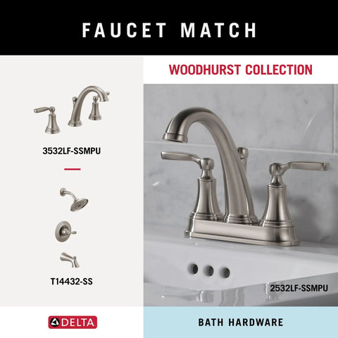 Delta Woodhurst Collection faucet set shown on a bathroom sink with Brilliance stainless finish.