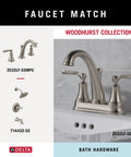 Woodhurst Collection brushed nickel bath faucet and matching hardware on gray background, showcasing faucet compatibility.