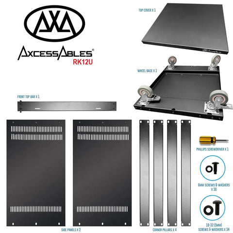 12U AV Equipment Rack With 19-Inch Steel Open Frame For Home Studio, 3-Inch Casters, showing components like panels, casters, and tools