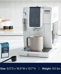Slick One Touch Bean To Cup Espresso Maker In Crisp White Featuring Integrated Steel Burr Grinder And Adjustable Milk Frother, brewing coffee.