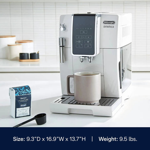 Slick One Touch Bean To Cup Espresso Maker In Crisp White Featuring Integrated Steel Burr Grinder And Adjustable Milk Frother, brewing coffee.
