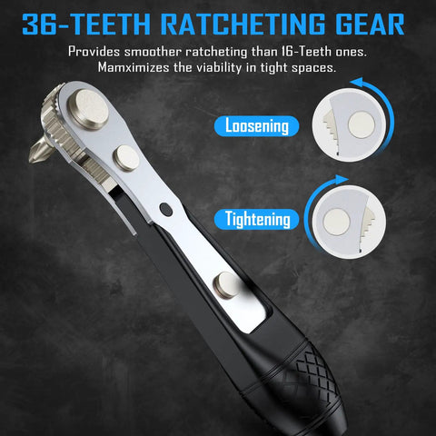 Close-up of 36-tooth ratcheting gear on 37 In 1 Mini Ratchet Wrench Screwdriver Bit Set In S2 Steel With 1 Quarter Inch Hex Shank