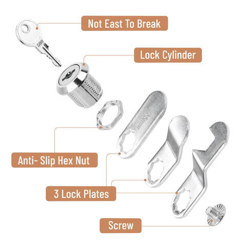 Heavy Duty Zinc Alloy Cam Cabinet Locks 5 8 Inch Throw 3 Pack Keyed Alike Solid Silver Finish lock components including cylinder, key, plates