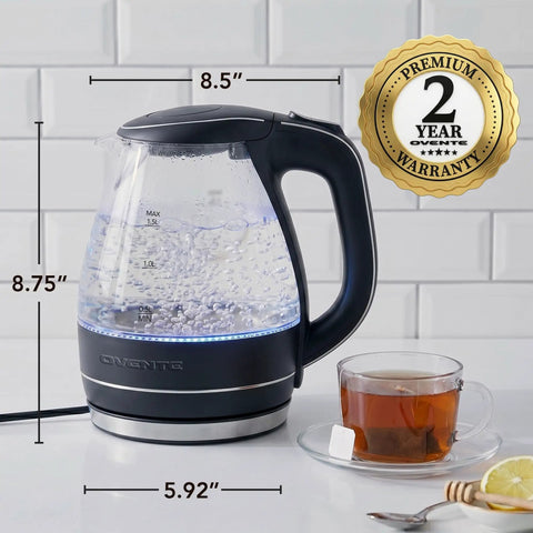 1.5L Borosilicate Glass Electric Kettle With Auto Shut Off, Boil Dry Protection, BPA Free, Black Finish, Blue LED Halo
