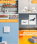 Electrical setup with multi-purpose wire connectors showcasing use in boxes, switches, and lighting.
