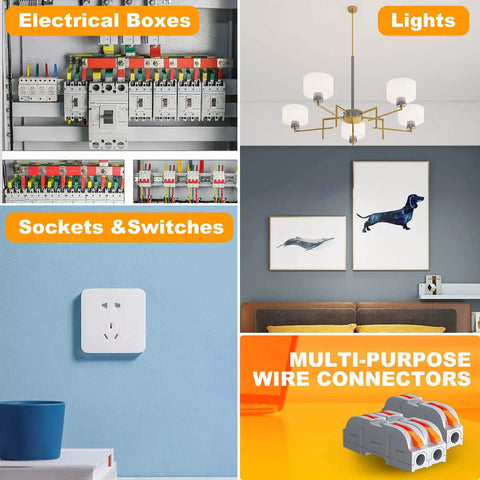 Electrical setup with multi-purpose wire connectors showcasing use in boxes, switches, and lighting.