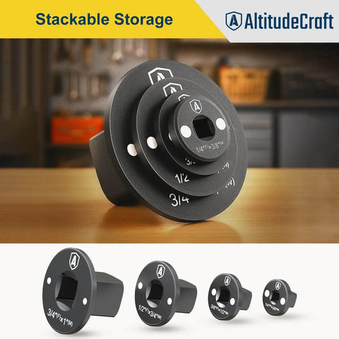 Low Profile Impact Socket Adapter Set For Tight Spaces Lets You Convert Drive Sizes From Three Eighths To Half Inch And From One Quarter To Three Eighths And From Three Quarters To One Inch And From One Half To Three Quarters Four Pack For Pros - side view of adapters on a workbench.