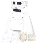 Badass Men's Utility Kilt Tailored From Heavy 16 Oz Premium Cotton With Four Genuine Leather Straps Deep Cargo Pockets And Sharp Front Pleats In Clean White showing cargo pocket and leather straps.