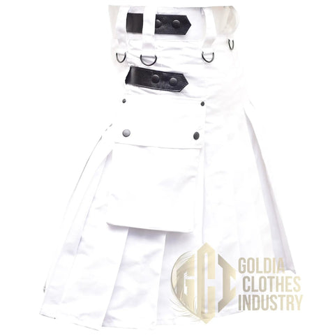 Badass Men's Utility Kilt Tailored From Heavy 16 Oz Premium Cotton With Four Genuine Leather Straps Deep Cargo Pockets And Sharp Front Pleats In Clean White showing cargo pocket and leather straps.