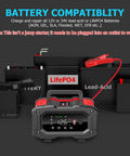 Beefy All In One 7 Stage Car Battery Maintainer And Trickle Charger in front of LiFePO4 and lead-acid battery display