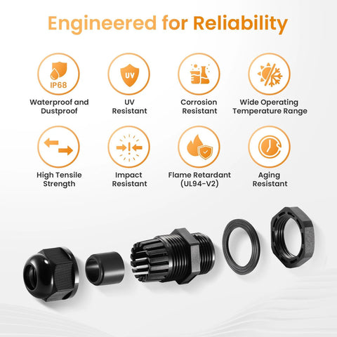 Exploded view of a 12-pack 1/2 in IP68 nylon waterproof cable gland set with seals and nuts.