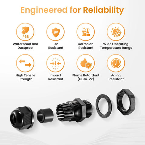 50 Pack One Half Inch NPT Cable Gland Waterproof IP68 Nylon Pass Through Cord Grip features and components