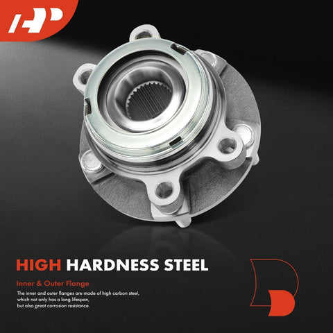 Front Wheel Bearing And Hub Assembly With 5 Lug For Nissan Altima Murano Pathfinder Maxima Infiniti QX60 QX50 JX35 Bolt On Fits 2007 To 2021 Models Durable Hub Smooth Ride Easy Install displayed, showcasing high hardness steel with inner and outer flange, emphasizing durability and corrosion resistance.