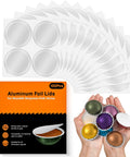 Reusable Foil Lids For Nespresso Vertuo Pods 100 Pack No Fuss With Airtight Seal For Refilling Espresso Coffee Capsules Compatible With Vertuo Machines No Barcode Interference Durable Food Grade Adhesion, showing hands holding reusable foil lids and colorful coffee pods with packaging.