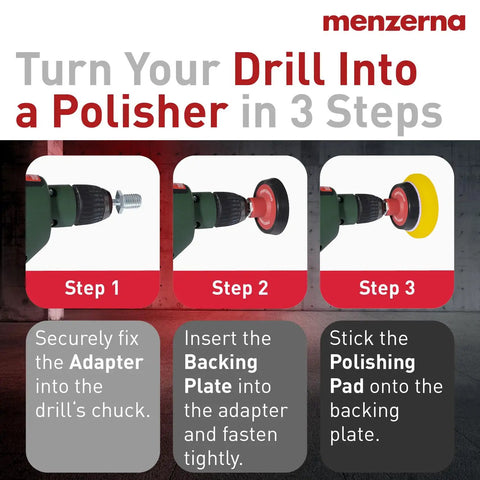 3in1 Car Polishing Kit With Drill Adapter, Medium Cut Pad, And 8oz One Step Polish, Delivers Medium Cut, High Gloss Finisher, And Carnauba Wax Sealant For Quick Cordless Drill Polishing On Your Ride. Step-by-step drill adapter installation and polishing pad setup
