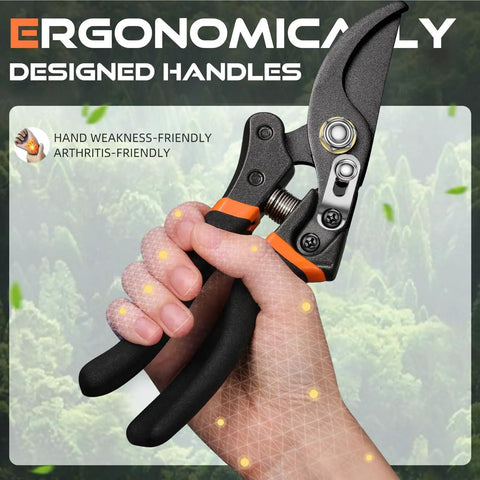 Hand holding 8.5 Inch Pruning Shears For Easy Cuts With Ultra Sharp Japanese Steel Titanium Blade Arthritis Friendly Garden Clippers.