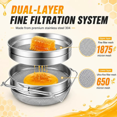 Double Mesh Honey Strainer for Beekeeping, Coarse Top Screen and Fine Bottom Screen Filter with honey dripping, 9x14 Inch
