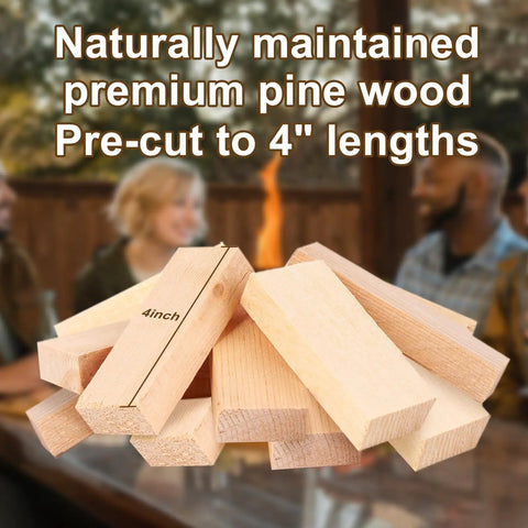 4 Inch Pine Fire Sticks Kiln Dried Firewood 8 Lb Pack Barkless Mini Kindling Logs for indoor and outdoor use on a table