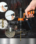 Person using hex shank drill bit set 13-piece HSS titanium twist bits for metal wood plastic quick change design 1 16th to 1 4th inch
