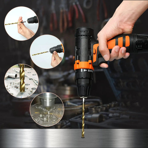 Person using hex shank drill bit set 13-piece HSS titanium twist bits for metal wood plastic quick change design 1 16th to 1 4th inch