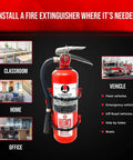Heavy Duty Fire Extinguisher Wall Mount Bracket with extinguisher for cars, boats, off-road vehicles; office and vehicle settings shown