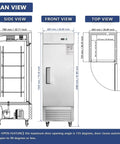 Heavy Duty Double Door Commercial Fridge dimensions and design details, side, front, and top views, 54 inch by 42 cubic feet stainless steel cooler.