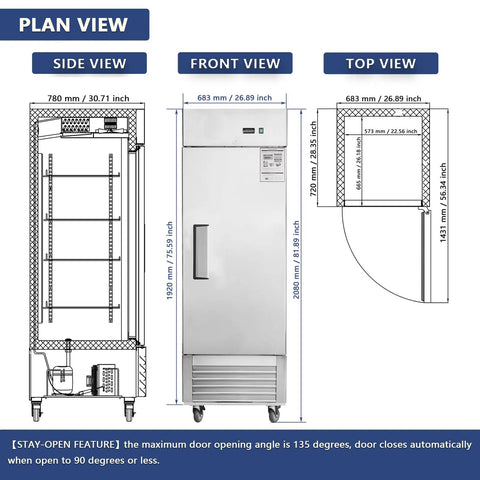 Heavy Duty Double Door Commercial Fridge dimensions and design details, side, front, and top views, 54 inch by 42 cubic feet stainless steel cooler.