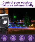 Outdoor Light Timer Outlet Waterproof 24 Hour Mechanical Plug In Weatherproof 3 Prong Grounded Heavy Duty 15 Amp One Half Horsepower Ideal For Outdoor Lights Pool Pumps Holiday Decor Landscape Lighting And More, shown controlling holiday lights at night.