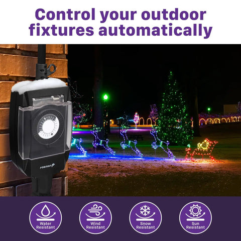 Outdoor Light Timer Outlet Waterproof 24 Hour Mechanical Plug In Weatherproof 3 Prong Grounded Heavy Duty 15 Amp One Half Horsepower Ideal For Outdoor Lights Pool Pumps Holiday Decor Landscape Lighting And More, shown controlling holiday lights at night.
