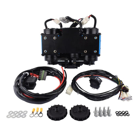 12V On Board Twin Heavy Duty High Performance Compressor Replacement For CKMTA12 Compatible High Output Air Compressor For Tire Inflators Horn Tools Lockers Locking Differentials And Pneumatic Tools With Brass And Stainless Deflator Gauge Included, showing twin motor unit with wires and components displayed