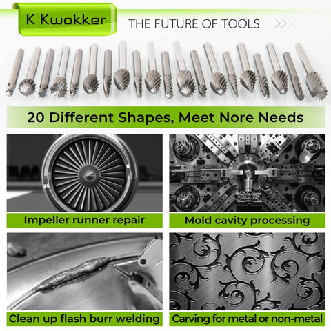 20 Piece Tungsten Carbide Burr Set For Dremel And Small Rotary Tools With One Eighth Inch Shank And One Quarter Inch Cutting Diameter