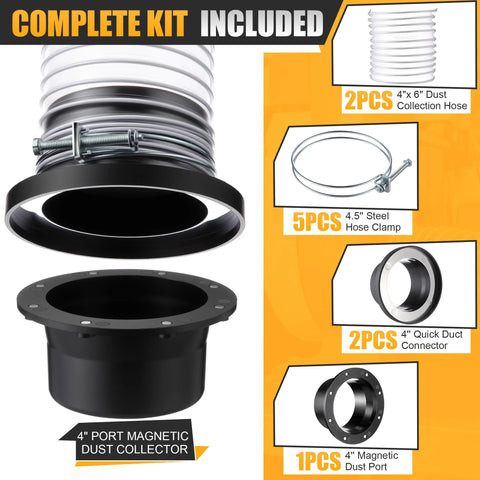Saillong 4-inch magnetic dust port starter kit with neodymium fittings; includes 2x 4x6 dust hoses and 5 clamps.