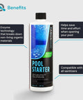Easy Breezy Pool Opening Kit With 16oz Enzyme Opener For Up To 15,000 Gallons bottle showing product label and benefits