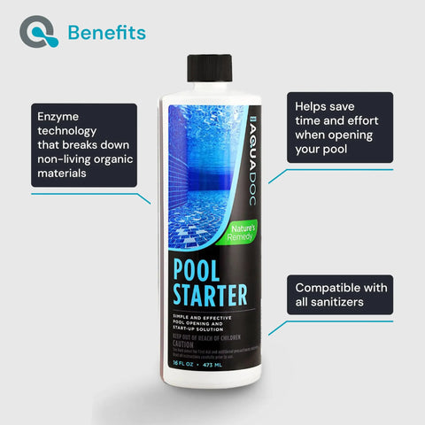 Easy Breezy Pool Opening Kit With 16oz Enzyme Opener For Up To 15,000 Gallons bottle showing product label and benefits